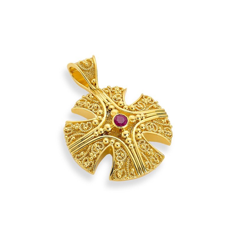 18K Gold Cross with rubies (0,08 ct) - Damaskos Greek Heritage