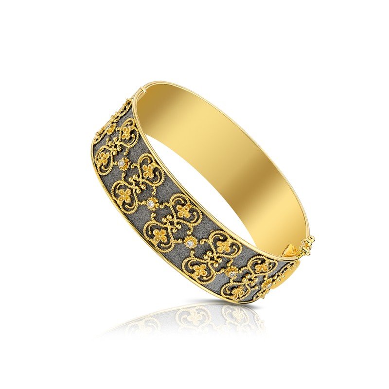 Damaskos Byzantine Filigree Hinged Bangle with Diamonds – 18k Gold