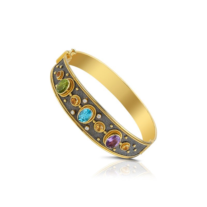 Damaskos Byzantine Multi-Gem Hinged Bangle with Colored Gemstones and Diamonds – 18k Gold