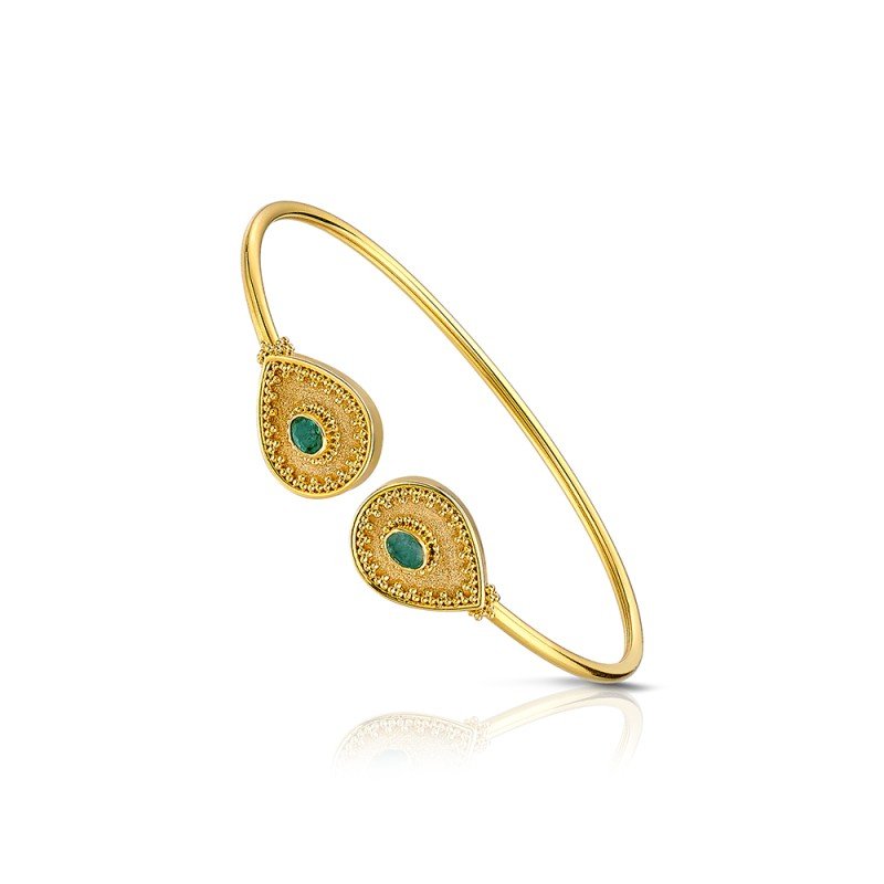 Damaskos Byzantine Teardrop Open Bangle with Green Gemstones – 18k Gold