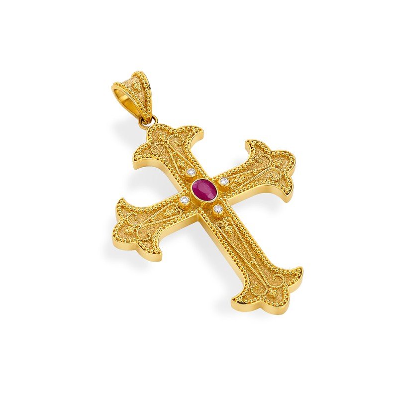 Damaskos Byzantine 18K Gold Filigree Cross with rubies and diamonds
