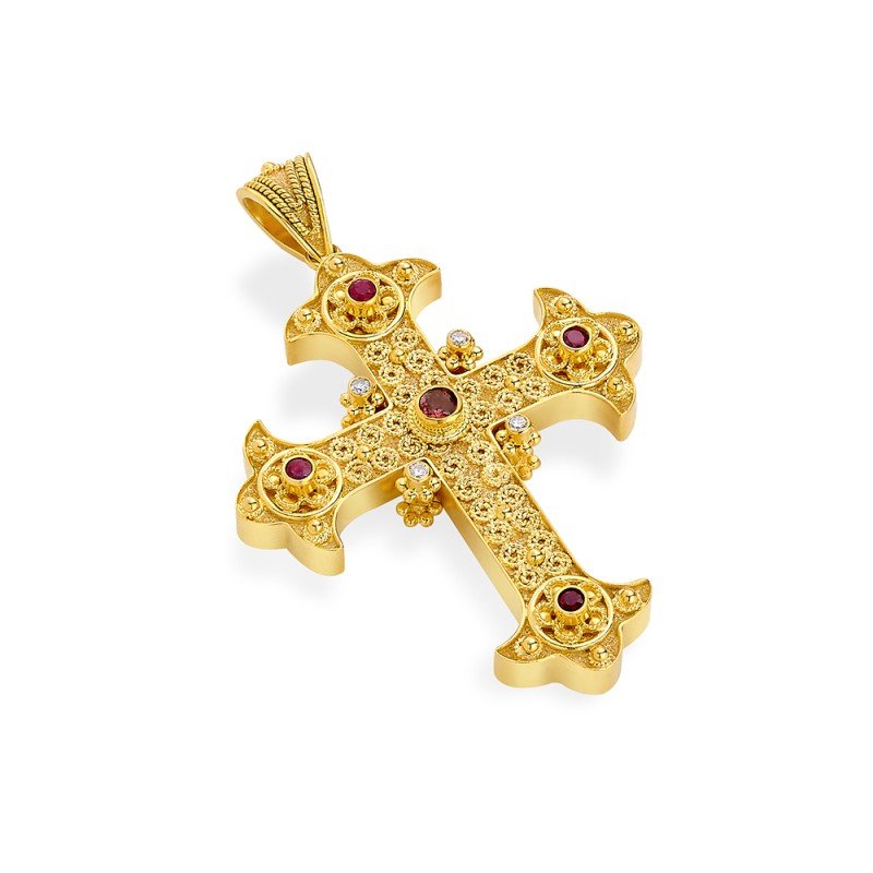 Damaskos Byzantine Gold Cross Beaded (18K) with rubies and diamonds
