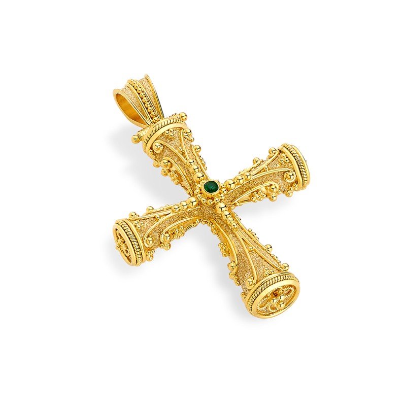 Damaskos Byzantine 18K Gold Cross with emeralds and diamonds (0,05 ct)