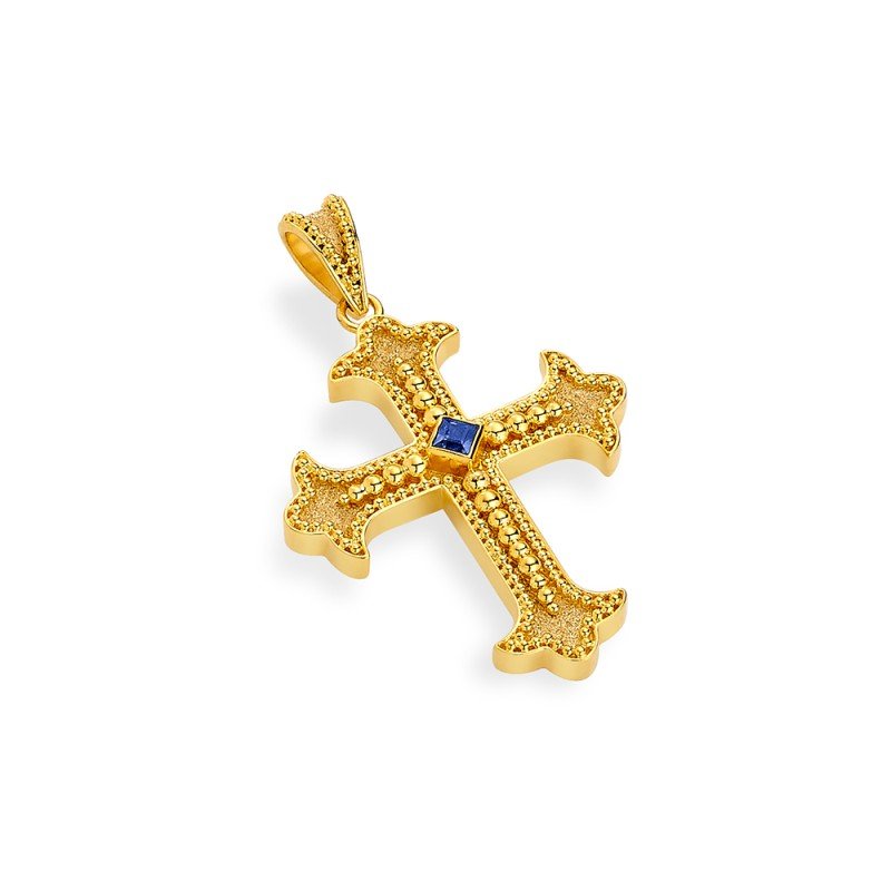 Damaskos Byzantine 18K Gold Cross with sapphires (Sapphires: 0,15 ct diamonds)