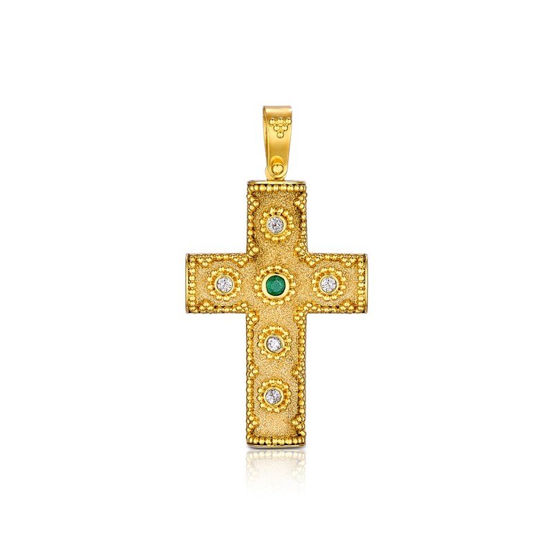 Damaskos Byzantine 18K Gold Cross with Emerald and Diamonds
