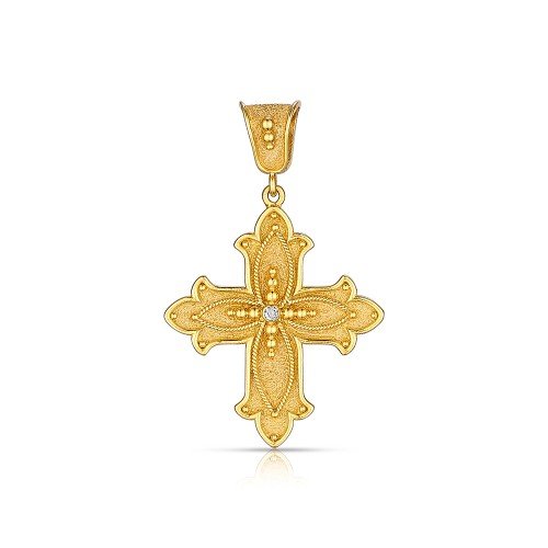 18K Gold Fleur Cross with diamonds - Damaskos Greek Heritage