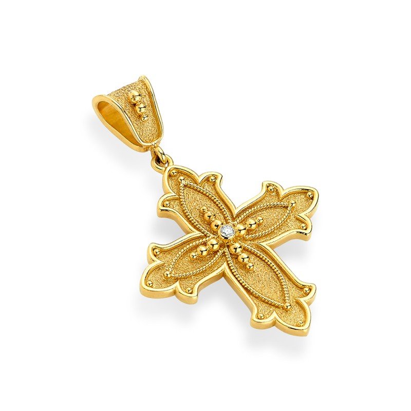 18K Gold Cross with diamonds - Damaskos Byzantine Heritage (0,02 ct)