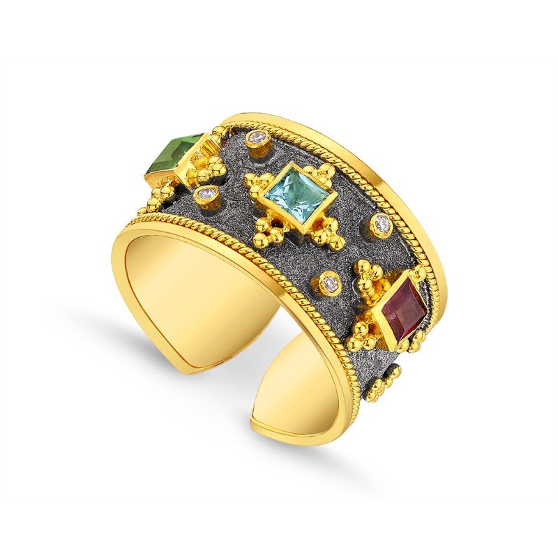 Damaskos Byzantine 18K Gold Ring with blue topaz and tourmalines (0,08ct diamonds)