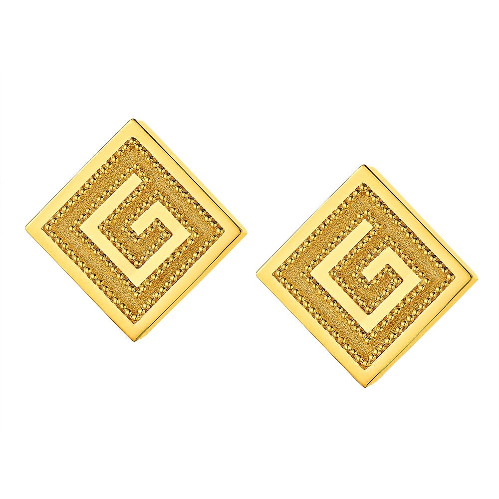 Damaskos Archaic Greek Key Square Stud Earrings – 18k Gold - Image 2