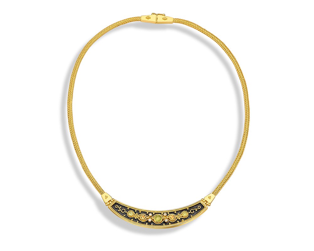 Damaskos Byzantine 18K Gold Necklace with peridots, citrines and diamonds