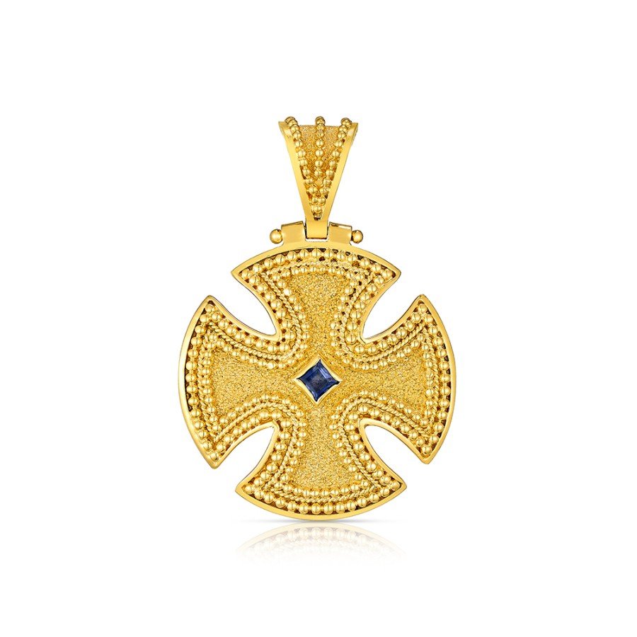 Damaskos Byzantine 18K Gold Cross with Sapphire front view