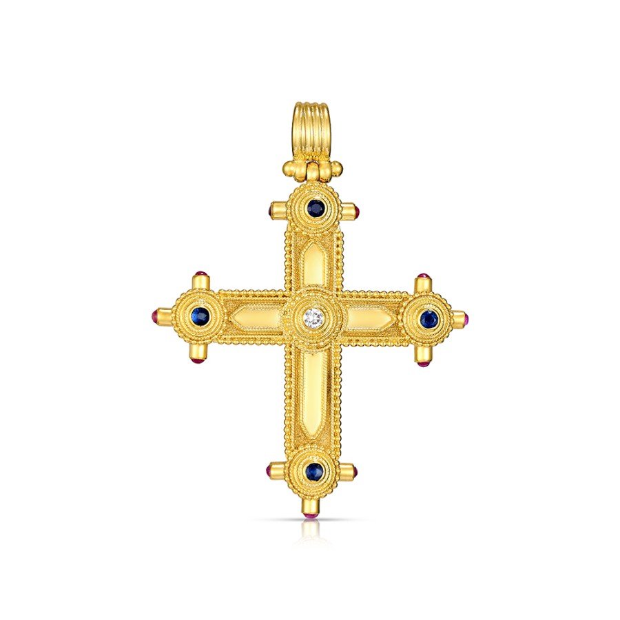 Damaskos Byzantine 18K Gold Cross with Sapphires, Rubies & Diamond front view