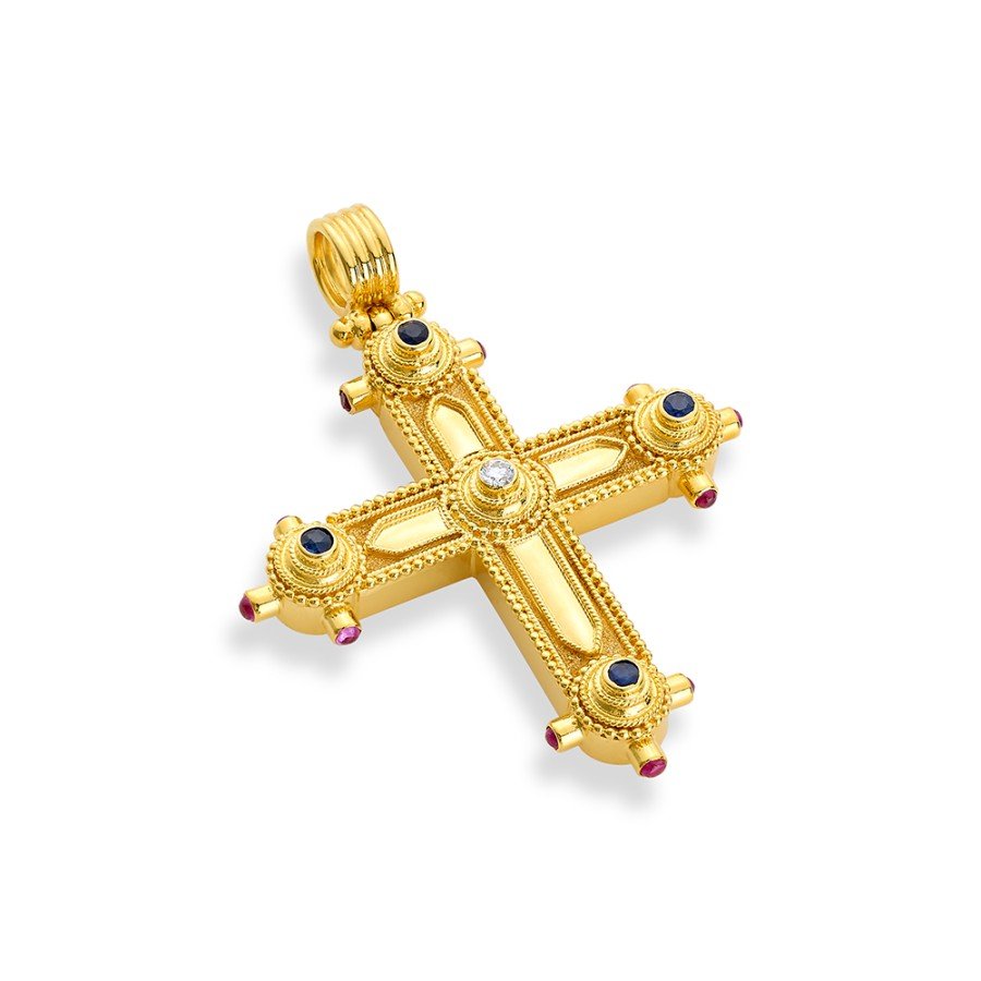 Damaskos Byzantine 18K Gold Cross with Sapphires, Rubies & Diamond side view
