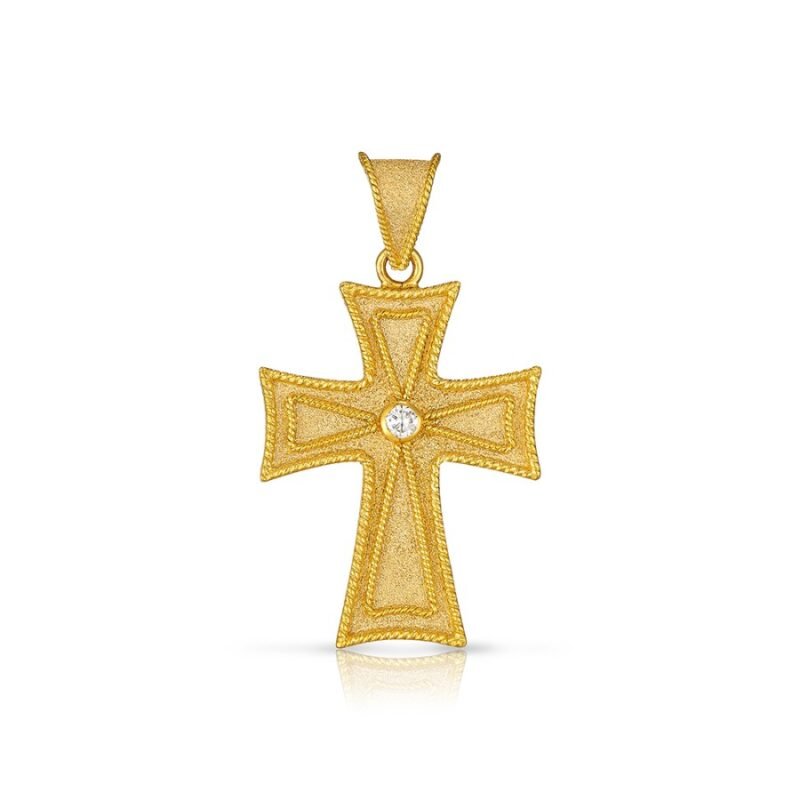 Damaskos Byzantine 18K Gold Cross with Diamond front view