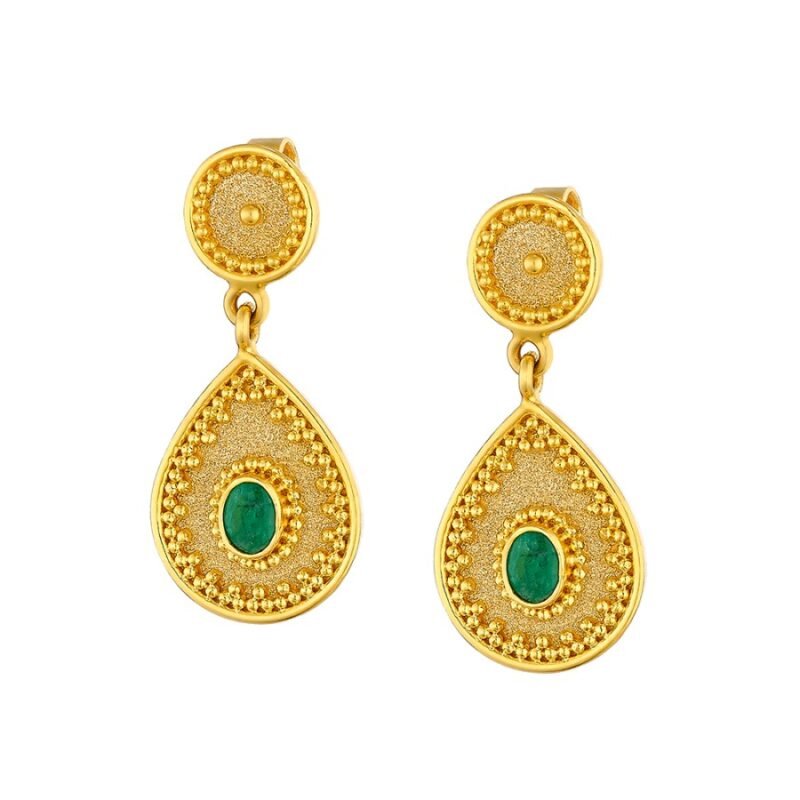 Damaskos Byzantine 18K Gold Dangling Earrings with Emeralds front view